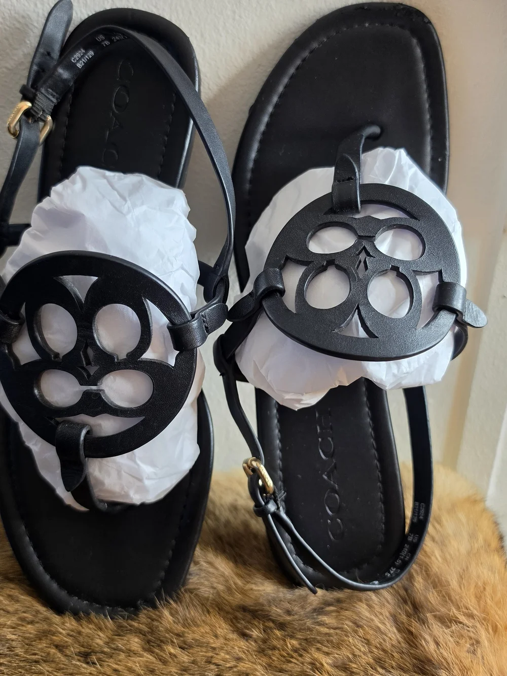 Coach Women's Black Leather Cutout Logo Sandals